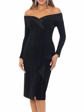 XSCAPE Off-The-Shoulder Scuba Crepe Dress Women's 6 Black Back Zip Closure
